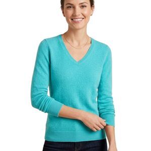 Talbots Petites Pure Cashmere V-Neck Sweater Size MP Bright Aqua Blue Soft Warm